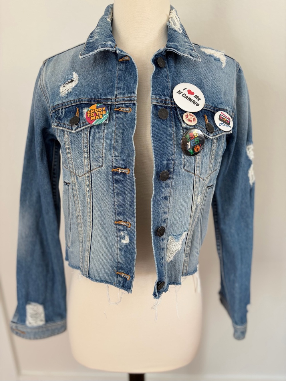 Veronica Beard Distressed cropped fitted Light Blue Denim Jean Jacket with Pins